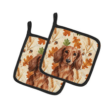 Load image into Gallery viewer, Longhaired Red Dachshund Heirloom Fall Pair of Pot Holders