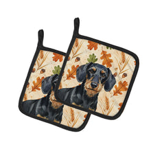 Load image into Gallery viewer, Wirehaired Black and Tan Dachshund Heirloom Fall Pair of Pot Holders