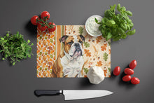 Load image into Gallery viewer, Brindle and White English Bulldog Heirloom Fall Glass Cutting Board