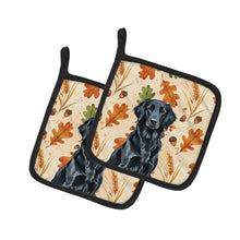 Load image into Gallery viewer, Black Flat-Coated Retriever Heirloom Fall Pair of Pot Holders