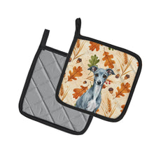 Load image into Gallery viewer, Blue Italian Greyhound Heirloom Fall Pair of Pot Holders