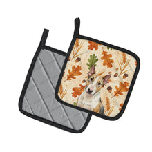 Load image into Gallery viewer, Tricolor Miniature Bull Terrier Heirloom Fall Pair of Pot Holders