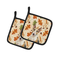 Load image into Gallery viewer, Tricolor Miniature Bull Terrier Heirloom Fall Pair of Pot Holders