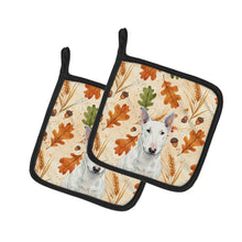Load image into Gallery viewer, White Miniature Bull Terrier Heirloom Fall Pair of Pot Holders