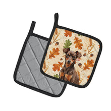 Load image into Gallery viewer, Chocolate and Rust Miniature Pinscher Min Pin Heirloom Fall Pair of Pot Holders