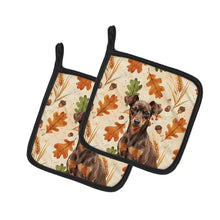 Load image into Gallery viewer, Chocolate and Rust Miniature Pinscher Min Pin Heirloom Fall Pair of Pot Holders