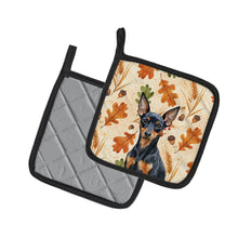 Load image into Gallery viewer, Black and Tan Miniature Pinscher Heirloom Fall Pair of Pot Holders
