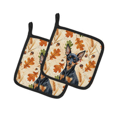 Load image into Gallery viewer, Black and Tan Miniature Pinscher Heirloom Fall Pair of Pot Holders