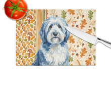 Load image into Gallery viewer, Blue and White Old English Sheepdog Heirloom Fall Glass Cutting Board