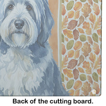 Load image into Gallery viewer, Blue and White Old English Sheepdog Heirloom Fall Glass Cutting Board
