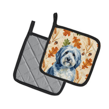 Load image into Gallery viewer, Blue and White Old English Sheepdog Heirloom Fall Pair of Pot Holders