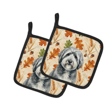 Load image into Gallery viewer, Gray and White Old English Sheepdog Heirloom Fall Pair of Pot Holders
