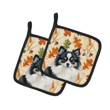 Load image into Gallery viewer, Black and White Pomeranian Heirloom Fall Pair of Pot Holders