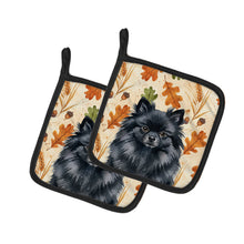 Load image into Gallery viewer, Black Pomeranian Heirloom Fall Pair of Pot Holders