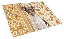 Load image into Gallery viewer, Chocolate and White Rat Terrier Heirloom Fall Glass Cutting Board