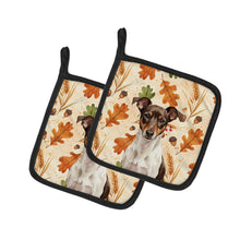 Load image into Gallery viewer, Chocolate and White Rat Terrier Heirloom Fall Pair of Pot Holders