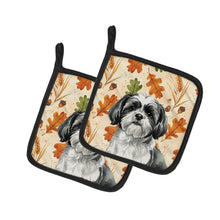 Load image into Gallery viewer, Black and White Shih Tzu Heirloom Fall Pair of Pot Holders