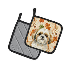 Load image into Gallery viewer, Gold and White Shih Tzu Heirloom Fall Pair of Pot Holders