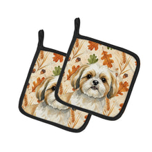 Load image into Gallery viewer, Gold and White Shih Tzu Heirloom Fall Pair of Pot Holders