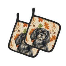 Load image into Gallery viewer, Black and Tan Tibetan Spaniel Heirloom Fall Pair of Pot Holders