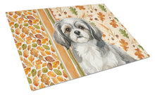 Load image into Gallery viewer, Grey and White Tibetan Spaniel Heirloom Fall Glass Cutting Board