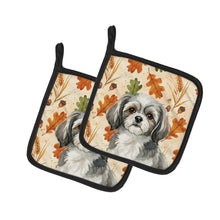 Load image into Gallery viewer, Grey and White Tibetan Spaniel Heirloom Fall Pair of Pot Holders