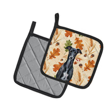 Load image into Gallery viewer, Black Whippet Heirloom Fall Pair of Pot Holders