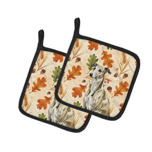 Load image into Gallery viewer, Brindle Whippet Heirloom Fall Pair of Pot Holders