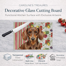 Load image into Gallery viewer, Chocolate and Tan Dachshund Vegetables Glass Cutting Board