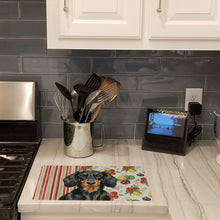 Load image into Gallery viewer, Longhaired Black and Tan Dachshund Vegetables Glass Cutting Board