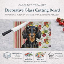 Load image into Gallery viewer, Longhaired Black and Tan Dachshund Vegetables Glass Cutting Board