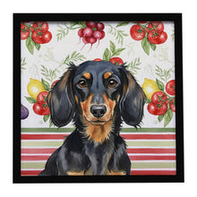 Load image into Gallery viewer, Longhaired Black and Tan Dachshund Vegetables Framed Metal Print
