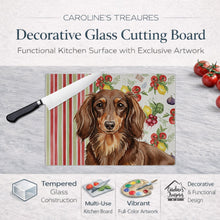 Load image into Gallery viewer, Longhaired Chocolate and Tan Dachshund Vegetables Glass Cutting Board