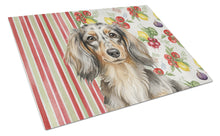 Load image into Gallery viewer, Longhaired Dapple Dachshund Vegetables Glass Cutting Board
