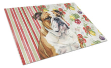 Load image into Gallery viewer, Brindle and White English Bulldog Vegetables Glass Cutting Board