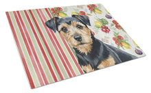 Load image into Gallery viewer, Black and Tan Norfolk Terrier Vegetables Glass Cutting Board