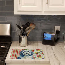 Load image into Gallery viewer, Blue and White Old English Sheepdog Vegetables Glass Cutting Board