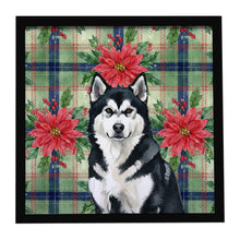 Load image into Gallery viewer, Black and White Alaskan Malamute Christmas PoinsettIas Framed Metal Print