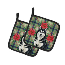 Load image into Gallery viewer, Black and White Alaskan Malamute Christmas PoinsettIas Pair of Pot Holders