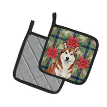 Load image into Gallery viewer, Red and White Alaskan Malamute Christmas Poinsettas Pair of Pot Holders