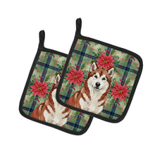 Load image into Gallery viewer, Red and White Alaskan Malamute Christmas Poinsettas Pair of Pot Holders