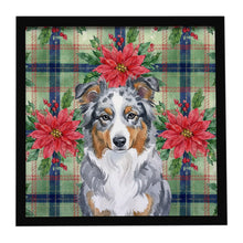 Load image into Gallery viewer, Blue Merle American Shepherd Christmas PoinsettIas Framed Metal Print