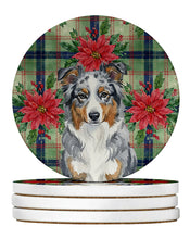 Load image into Gallery viewer, Blue Merle American Shepherd Christmas PoinsettIas Large Sandstone Coasters Pack of 4