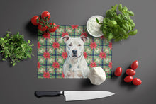 Load image into Gallery viewer, White American Staffordshire Terrier Christmas PoinsettIas Glass Cutting Board