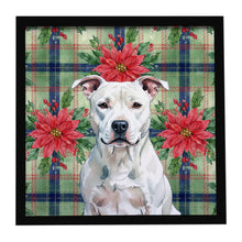 Load image into Gallery viewer, White American Staffordshire Terrier Christmas PoinsettIas Framed Metal Print