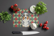Load image into Gallery viewer, Blue Merle Australian Shepherd Christmas PoinsettIas Glass Cutting Board