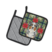 Load image into Gallery viewer, Blue Merle Australian Shepherd Christmas PoinsettIas Pair of Pot Holders