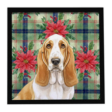 Load image into Gallery viewer, Lemon and White Basset Hound Christmas PoinsettIas Framed Metal Print