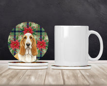 Load image into Gallery viewer, Lemon and White Basset Hound Christmas PoinsettIas Large Sandstone Coasters Pack of 4