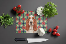 Load image into Gallery viewer, Red and White Basset Hound Christmas PoinsettIas Glass Cutting Board